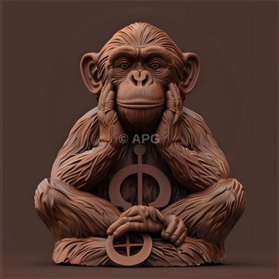 KI-generierte Skulptur: Denker-Affe mit mystischen Symbolen